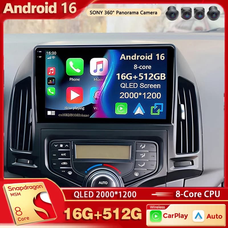 Android 15 For Hyundai i30 1 FD 2006-2011 AUTO AC 2K QLED Android Auto Radio Video player Multimedia GPS AI Voice CarPlay Stereo