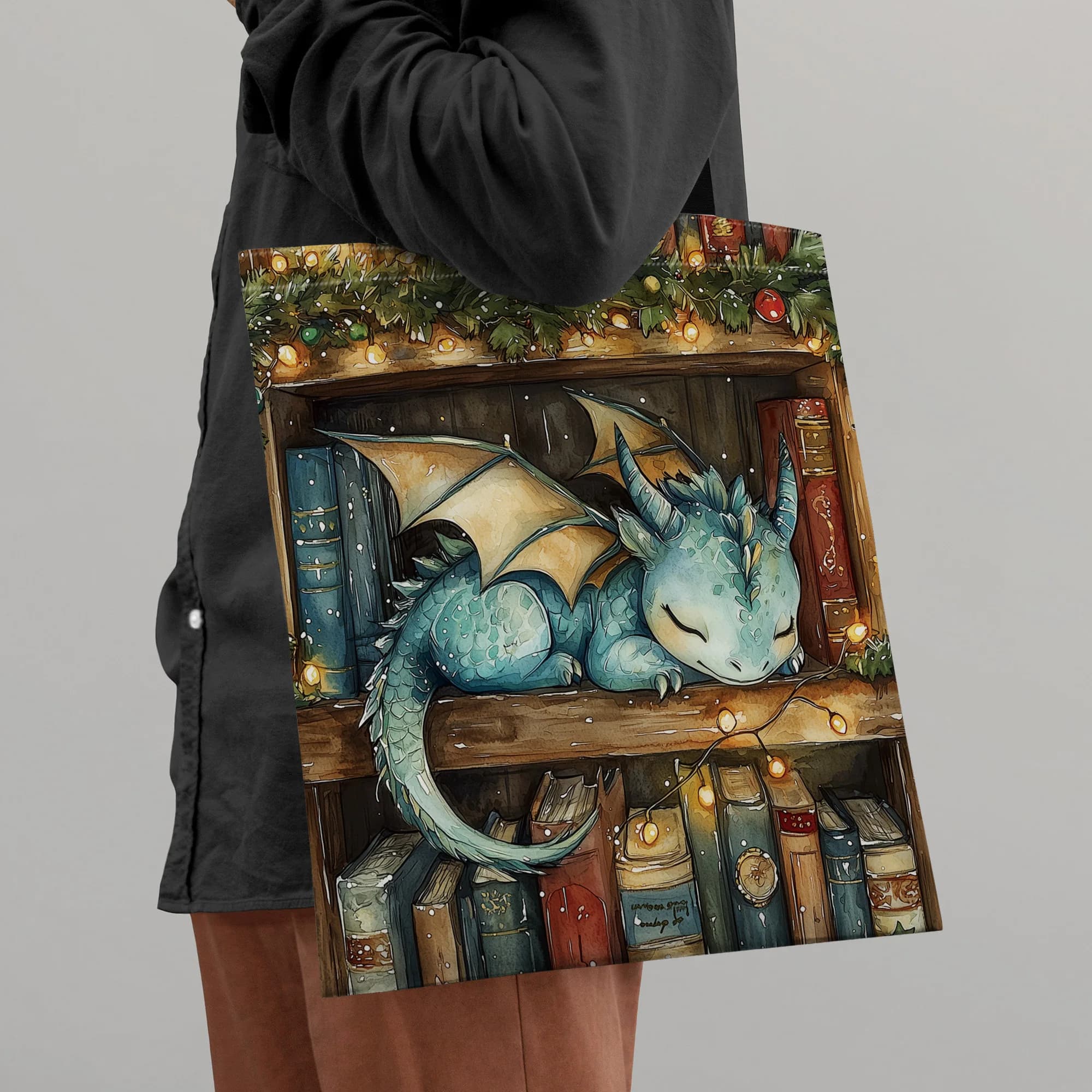 1 tote bag with Christmas print, a small dragon sleeping on the library, perfect for shopping, ideal for Christmas