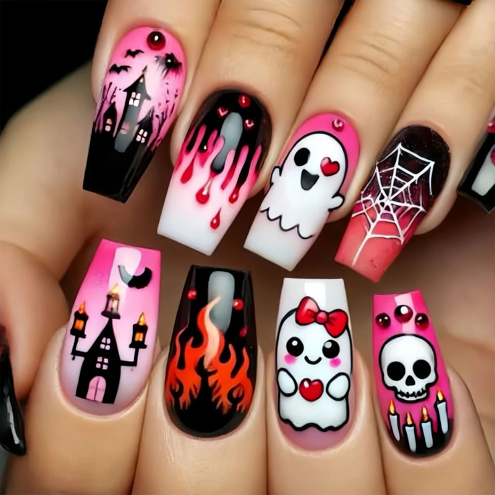 Women's False Nails Halloween Party Press on Nails Medium Square ABS Reusable Nail Art Tips for Costume Cosplay Durable