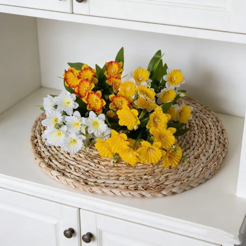 Silk Flower Artificial Daffodil Bouquet Multiple Heads Bridal Bouquets Simulation Plants Leaves 36cm Real Touch Plants