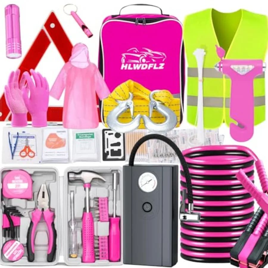 Kit di Emergenza Stradale Rosa per Auto con Cavi di Avviamento e Compressore d'Aria per Gonfiaggio Pneumatici, per Sicurezza Veicoli e Camion in Caso di Emergenza