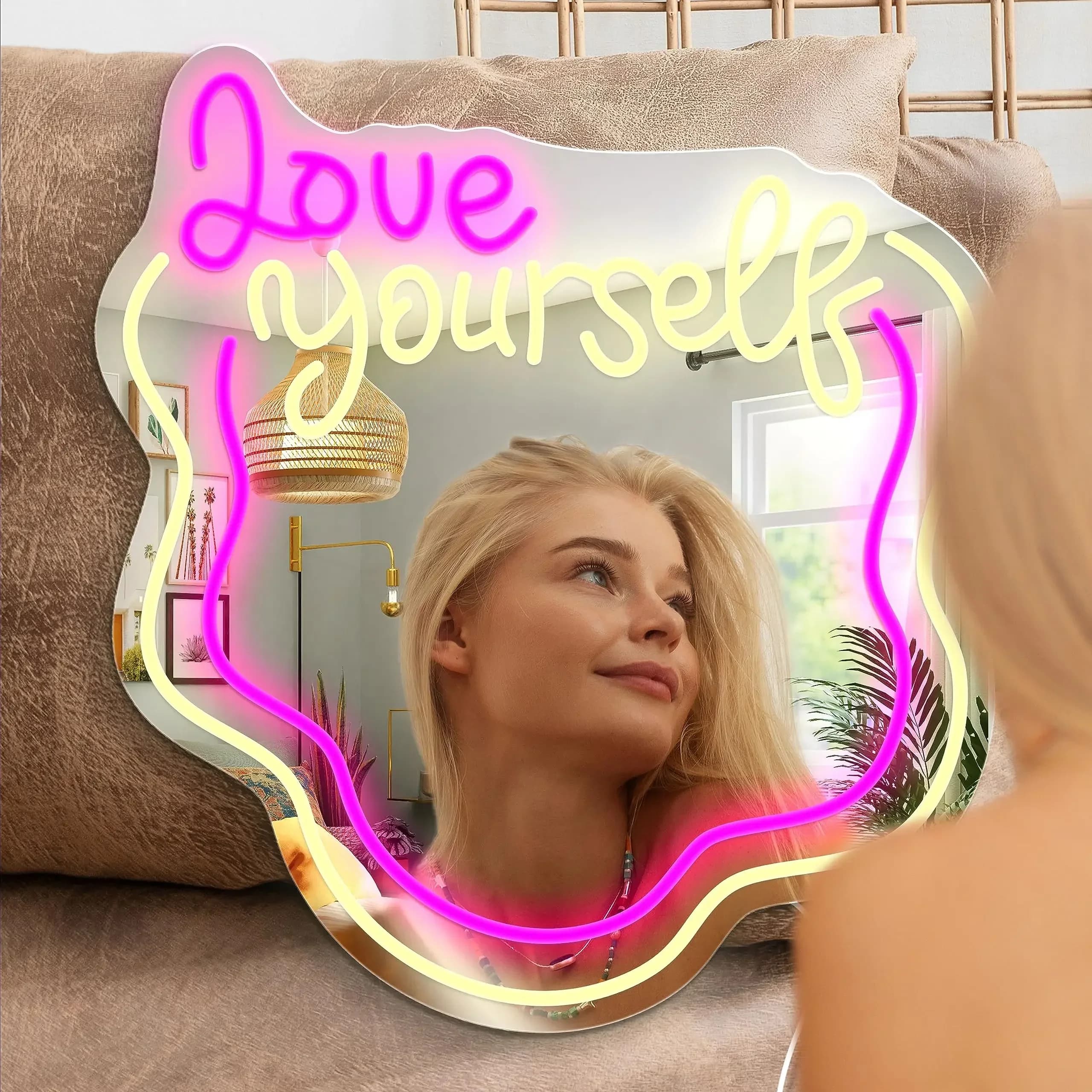 Insegna al Neon 'Love Yourself' con Specchio, Luce LED Dimmerabile USB per Bagno, Salone di Bellezza, Decorazione da Parete per Tavolo da Trucco