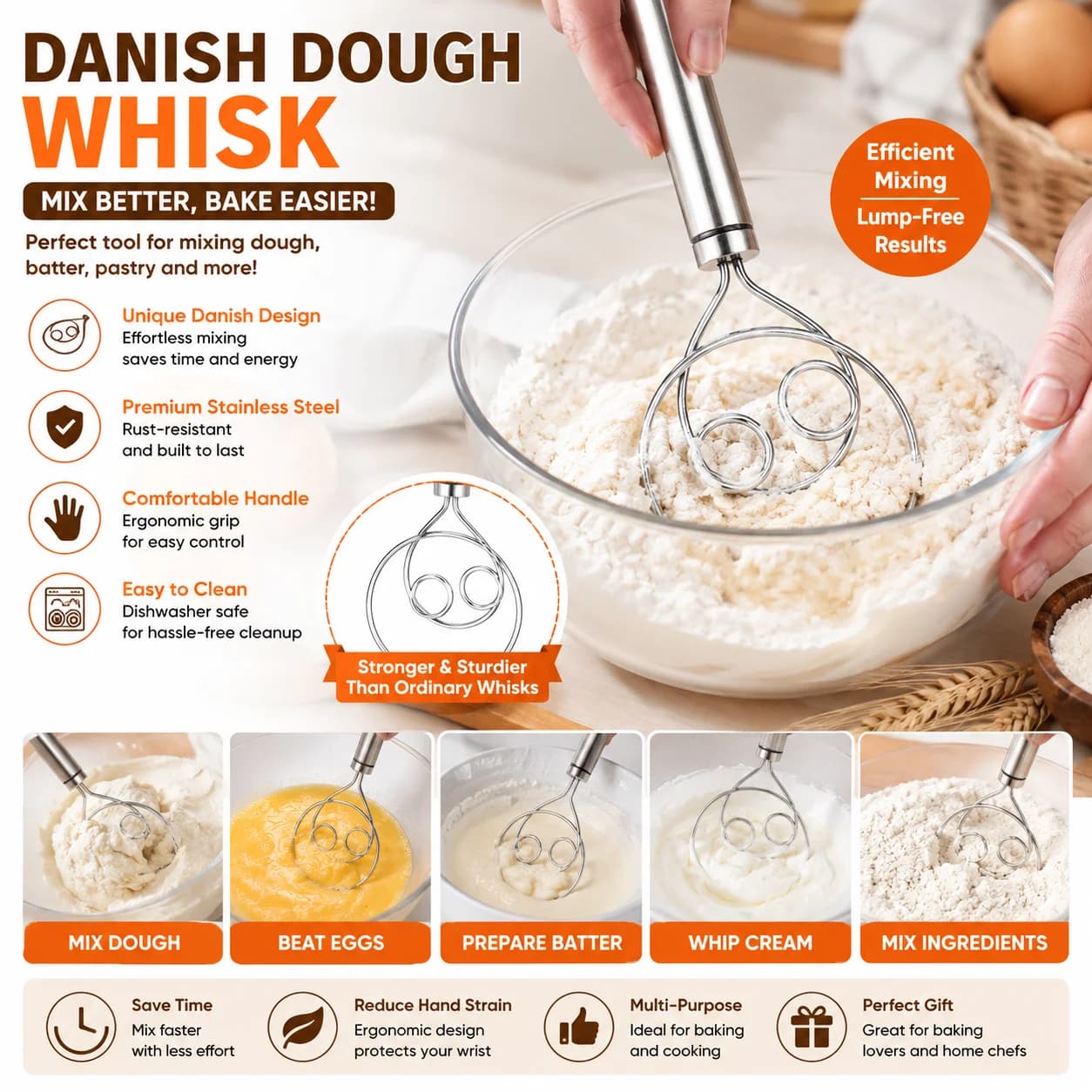 Stainless Steel Danish Dough Whisk Manual Bread Dough Mixer Egg Beater Baking Tool for Pizza Sourdough Pastry