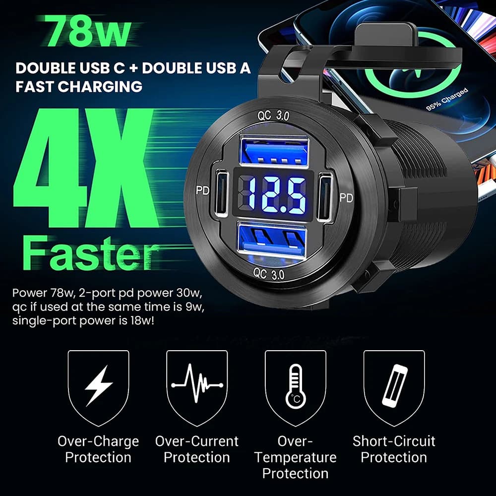 78W Dual PD QC3.0 Car Charger Socket Aluminum Waterproof USB Outlet with LED Voltmeter Switch for 12V-24V Car Boat Motorcycle