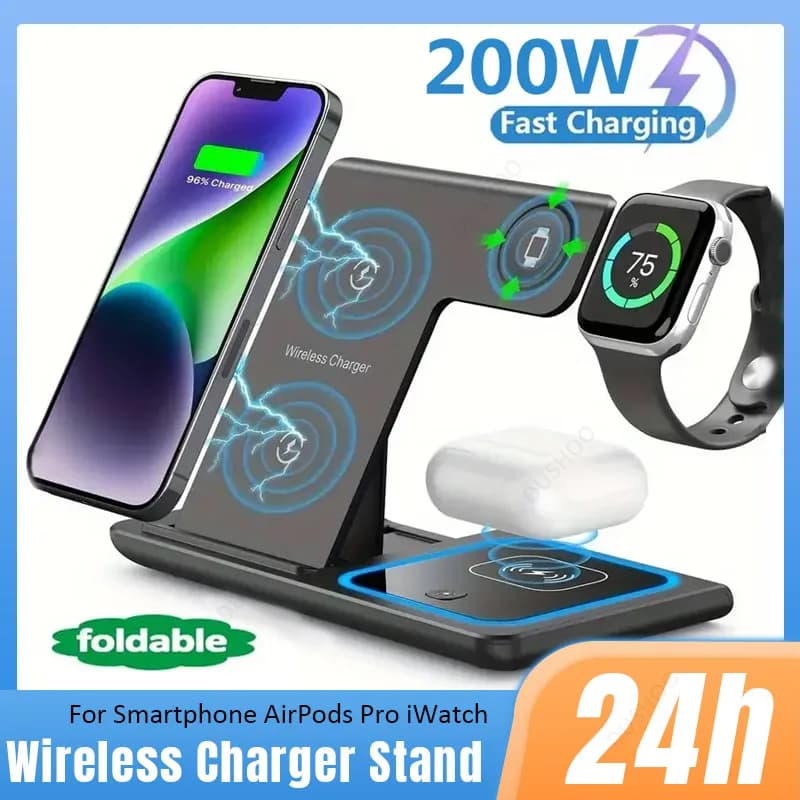Foldable Quick Charging Station for Wireless Charger 3 in 1 from 200 W for iPhone 16 15 14 13 12 11 Apple Watch 9 Airpods 4 Pro 3