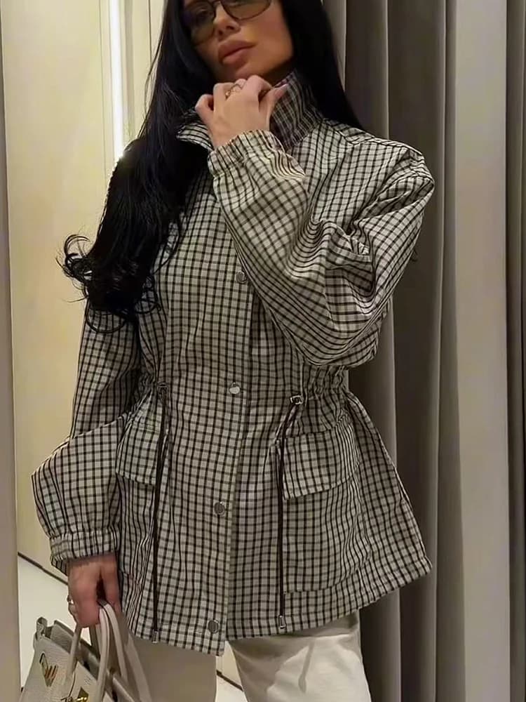 Fashion Plaid Jacket For Women Stand Collar Zipper Drawstring Waist Loose Fit Coat 2026 Spring Ladies Casual Daily Streetwear