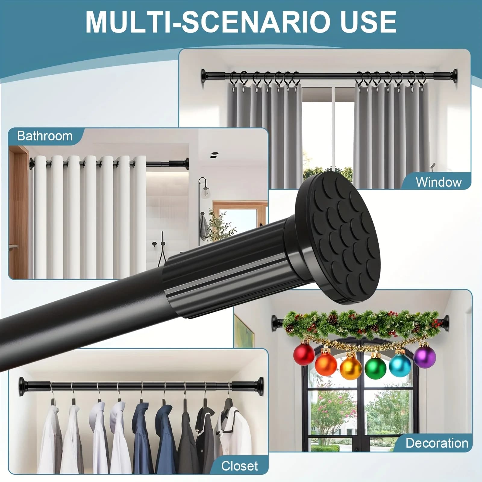51-128 Inch Adjustable Tension Curtain Rod Set, Extra-Long Outdoor Curtain Rod, No-Drill Shower Curtain Rod, Heavy-Duty Adjustable Spring Rod, Extended Matte Black Curtain Rod, White Curtain Rod, Suitable for Bathrooms, Windows, Patios