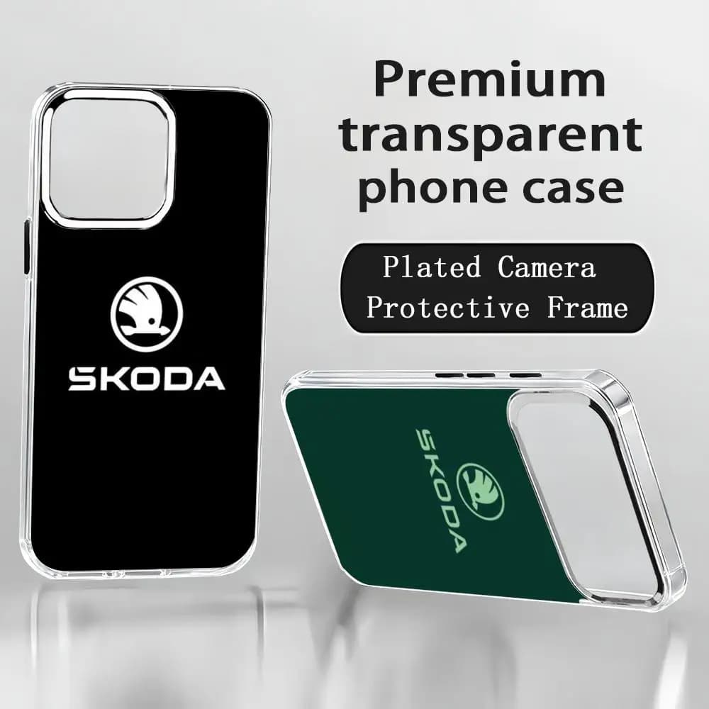 Super S-SkodasES-estojo V-Vrs Phone Case For iPhone 17 air 16 15 14 13 12 11 Pro Max Plus Chrome Button Camera Ring Transparent