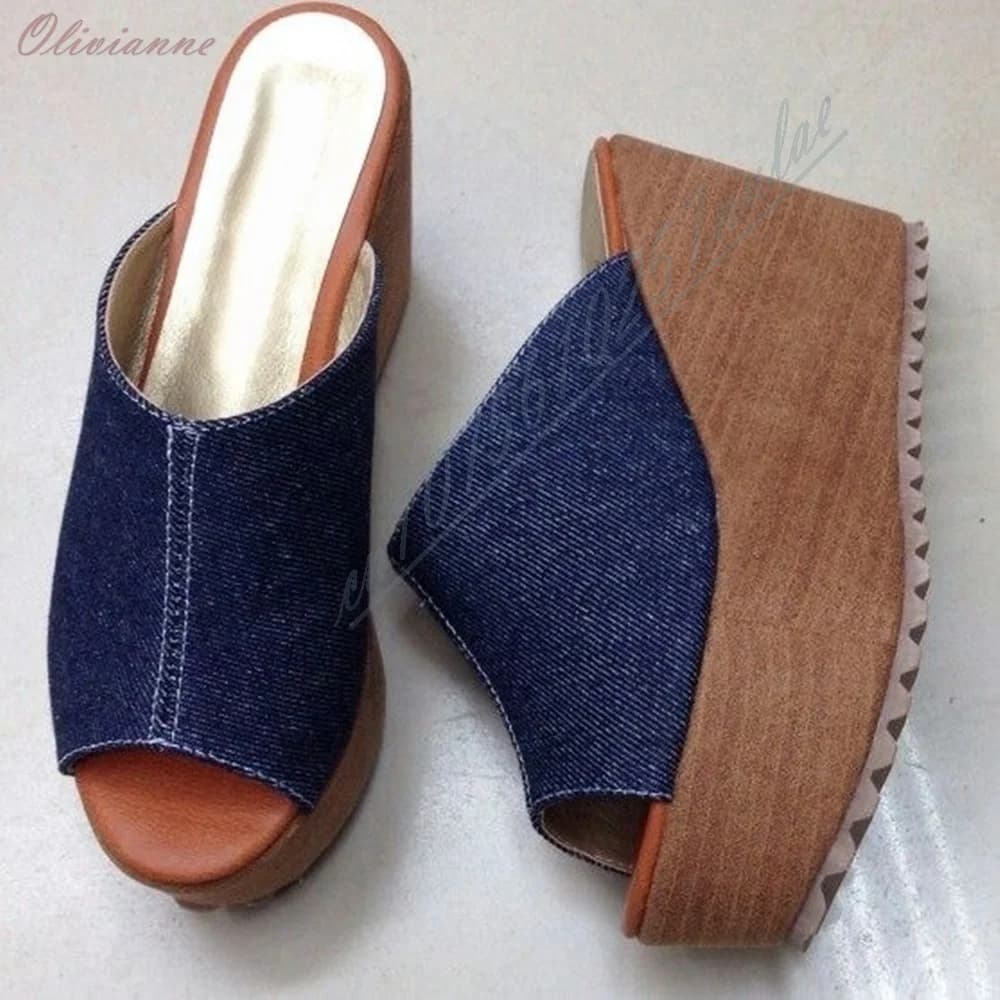 Dark Denim Fabric Peep Open Toe Wedge Slippers Retro Casual Summer Slip On Sandals Thickness Chunky High Heels Fashion Shoes