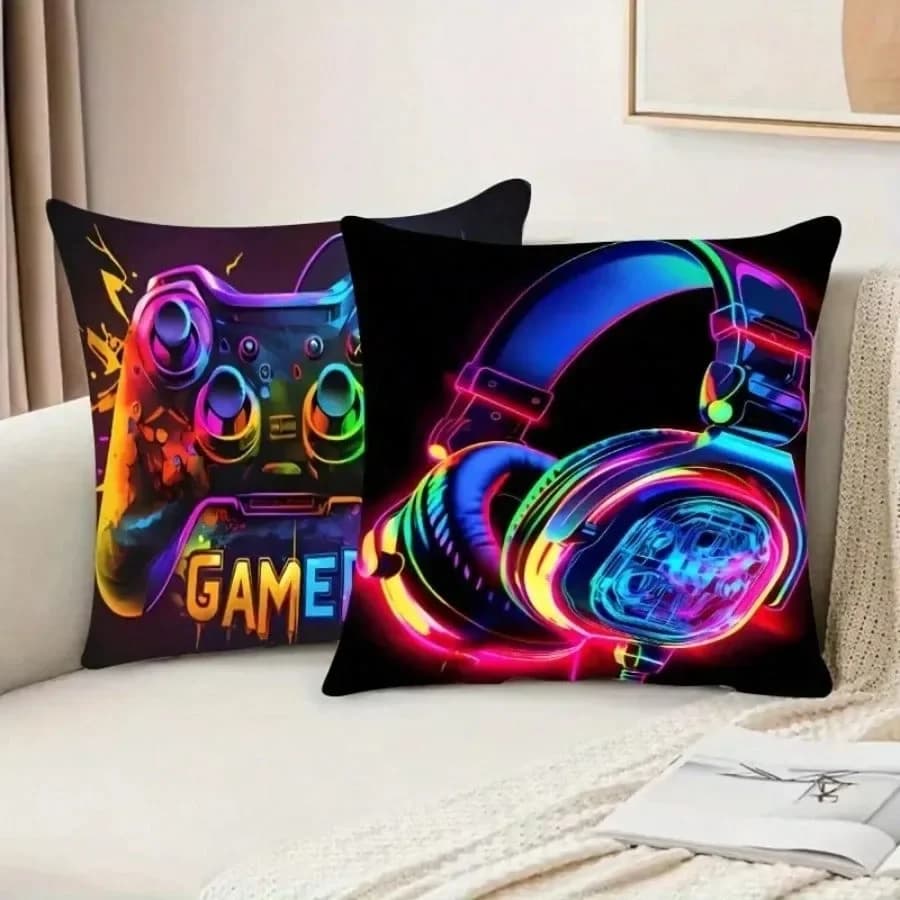 Gamer Cushion Cover Joystick Headset Print 18x18in Short plush Controller Decor Playroom Lighting No insert Collector 1PC