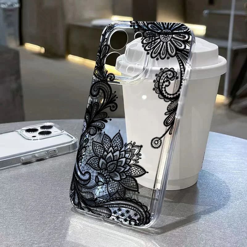 Trendy Black Lace Flower Pattern Phone Case for Xiaomi Poco X5 X3 Pro F5 X6 X7 F6 F7 M6 Pro 4G Shockproof Soft TPU Back Cover
