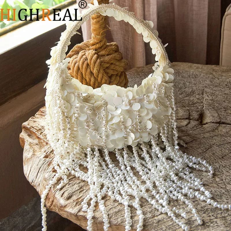 Luxury Pearls Tassel Evening Bags for Women Handbags Elegant Sequined Shoulder Bag Handmade Beading Wedding Clutch Ladies Purses