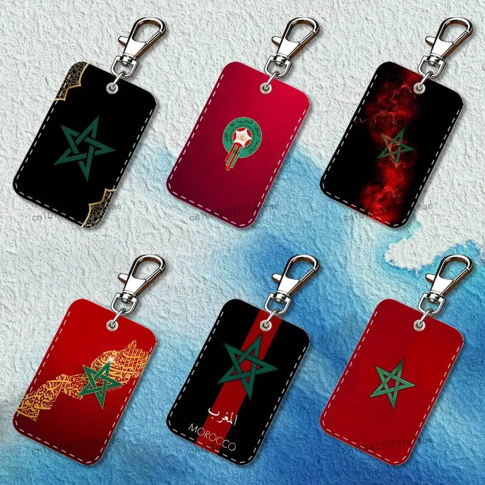 Portachiavi con bandiera del Marocco, custodia rettangolare per carte, porta tessere in pelle, anello portachiavi
