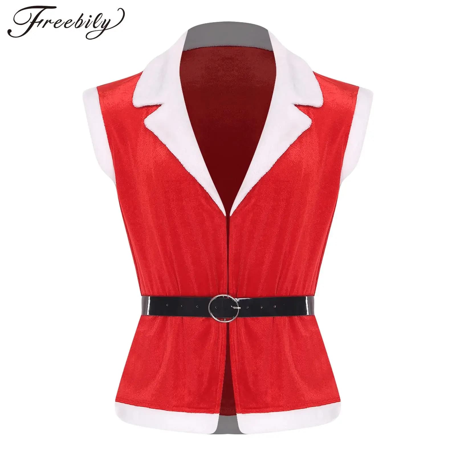 Costume da spettacolo cosplay da uomo, Babbo Natale, elfo, gilet di velluto aperto sul davanti con cintura in ecopelle per la festa di Natale e Capodanno