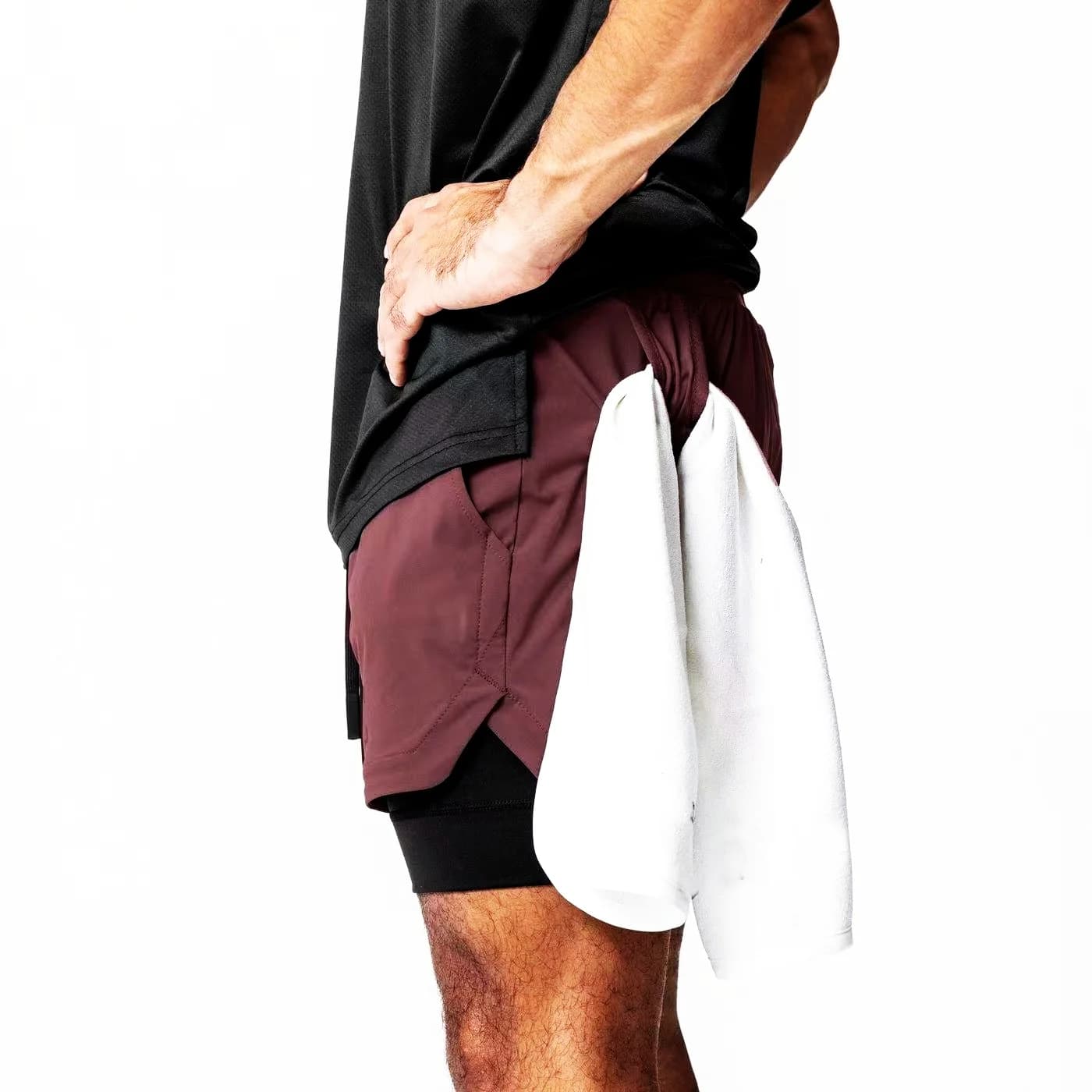 Pantaloncini da corsa da uomo 2 in 1 a vita alta per allenamento, palestra, fitness, jogging, sport, yoga, doppio strato