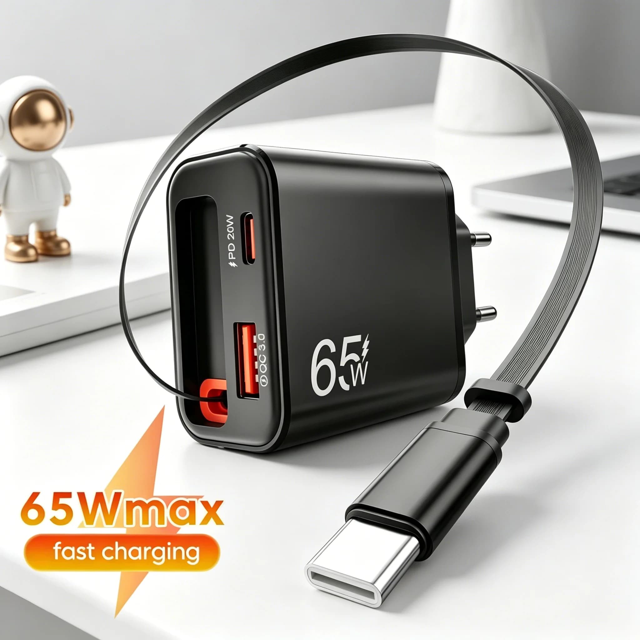 Elough 65 W phone charger with super fast retractable USB C charging cable for iPhone 17 16 POCO Xiaomi QC 3.0 USB wall charger