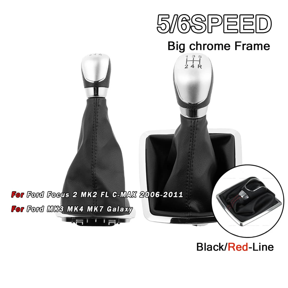 For Ford Focus MK2 FL C-MAX 2006-2011 MK3 MK4 MK7 Galax 5/6 Speed MT Shift Knob With Dust Boot Black/Red Line