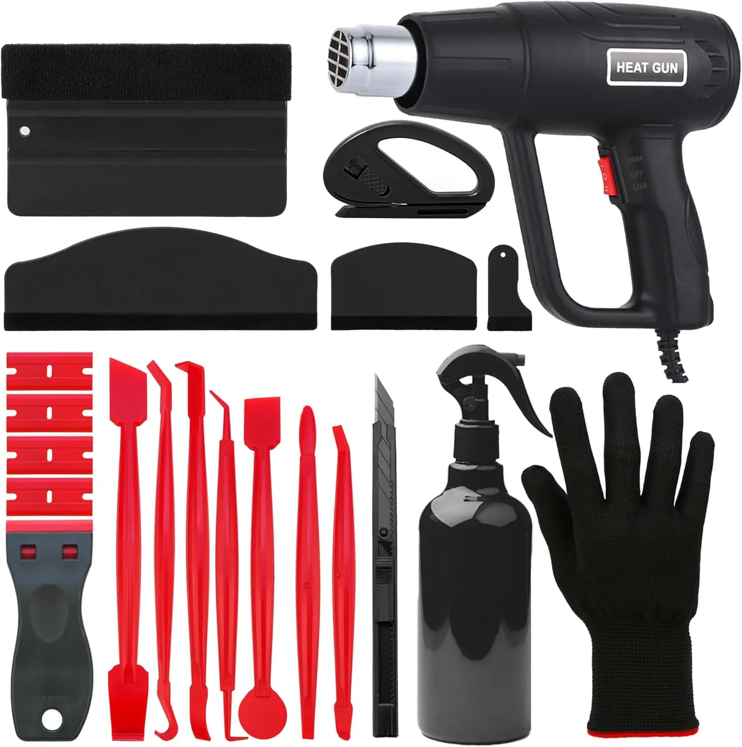 Kit pistola termica da 2000 W, strumento per avvolgimento in vinile per auto 21 in 1, pistola ad aria calda a riscaldamento rapido con raschietto, flacone spray, guanti, taglierina, raschietto,