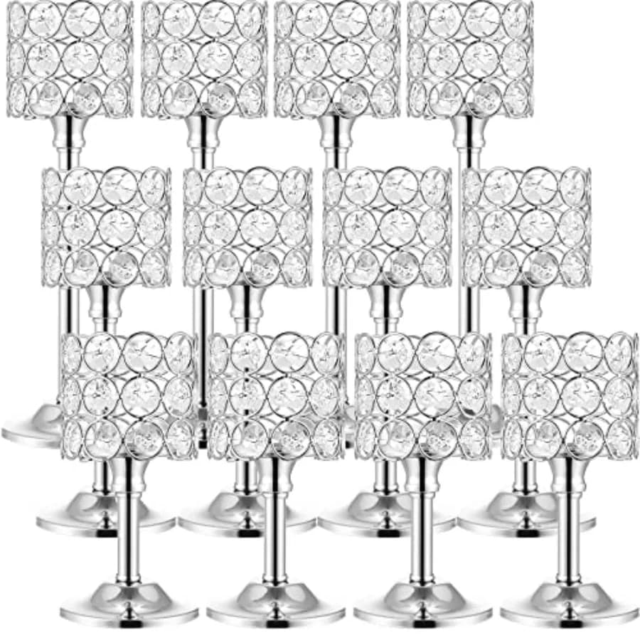 Centrotavola per matrimoni: set di portacandele in cristallo argento 12 pezzi, 3 misure, candelabri alti a colonna per Natale, par