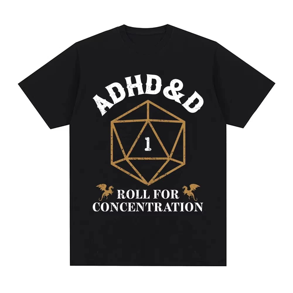 T-shirt ADHD&D Roll for Concentration, divertente per giocatori di Dungeons & Dragons, DM, RPG, con dadi e drago, unisex, in cotone, casual, streetwear