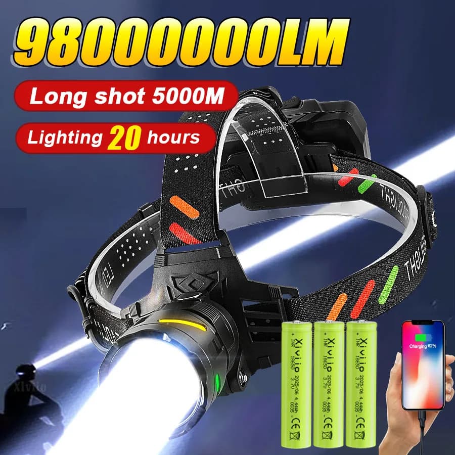 Torcia Frontale LED Ultra Luminosa 98000000LM, Ricaricabile, Portata 5000M, per Pesca e Caccia, con Batteria 18650
