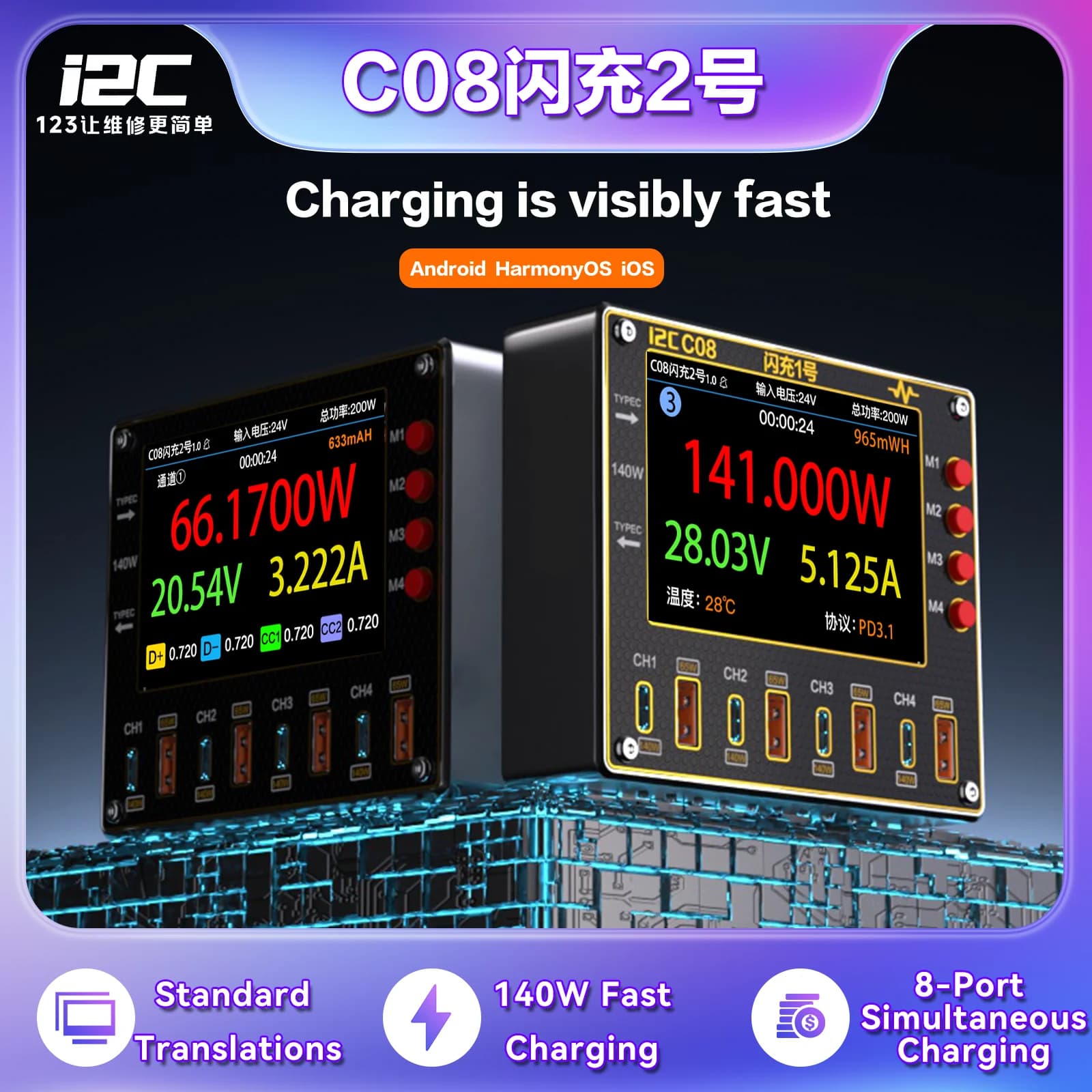 C08 500W Super Charger Station - All-Protocol Quick Charge for Phone/Tablet/iPad, 5-Digit Voltage Current Check, Screen Cast