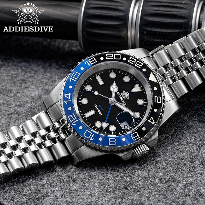 ADDIESDIVE AD2050 GMT Luxury Watch Stainless Steel Super Luminous Water Resistant 20Bar Men's Dive Watch at Quartz With Ceramic Iron