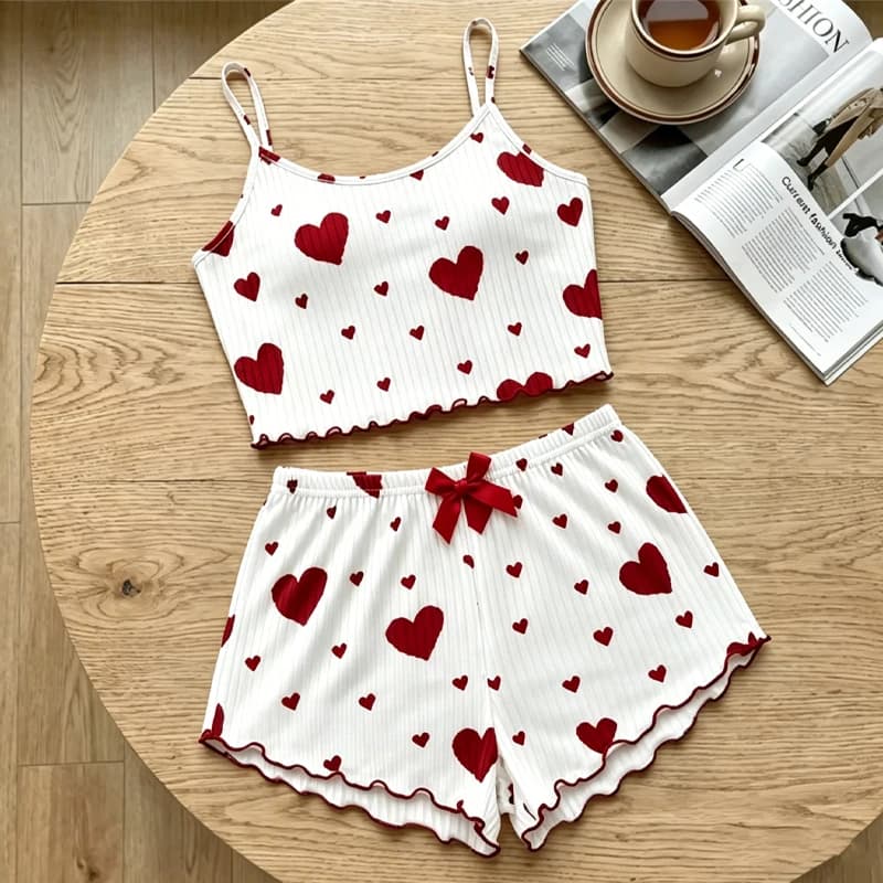 Set Pigiama Estivo da Donna con Stampa Cuori e Fiocco, Canotta e Pantaloncini, Abbigliamento Casual da Notte Traspirante