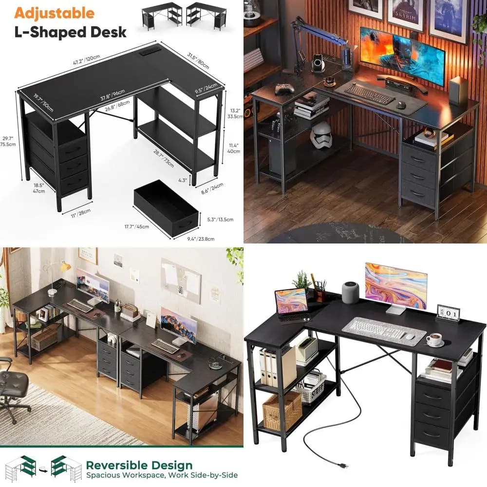 Scrivania da Gaming a L da 47 Pollici con 3 Cassetti, Nera, per Lavoro, Ufficio Domestico, Studio con Prese di Corrente