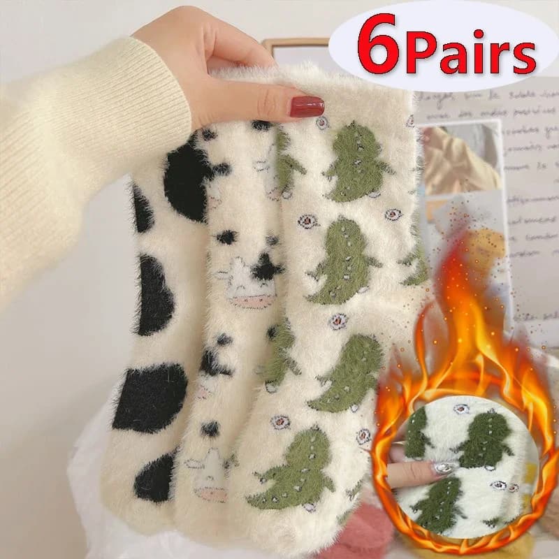 Cute cartoon cow velvet socks women's winter socks in soft fleece warm plush socks for night boots hairy thermal socks with dinosaur
