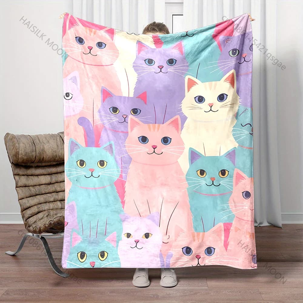 Coperta con stampa di gatti colorati e simpatici, disponibile in diverse misure, calda e confortevole per adulti e bambini, ideale per casa e viaggi.