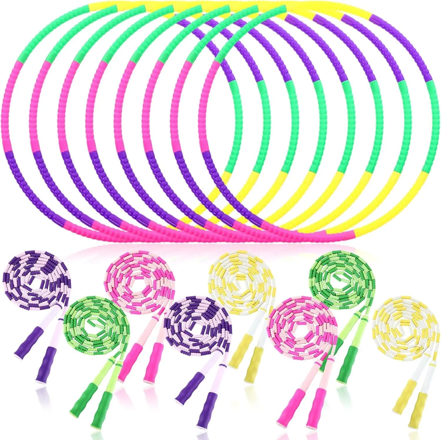 HyDren 16 PCS Detachable Hoop and Jump Rope Set Include 8 Soft Beaded Skipping Rope and 8 Adjustable Size Length Plastic Hoops f