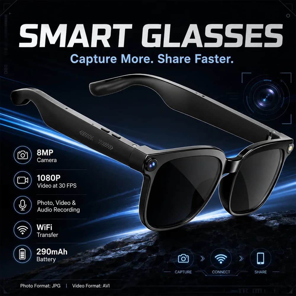 2026 New Video Shooting Smart Glasses, Two Standard Replacement Lenses, Photo And Video AI Glasses, 800W Pixel Ultra-Wide-Angle Camera, High-Definition Video 1080P, Photography And Video Stabilization, Dual Microphone Noise Reduction