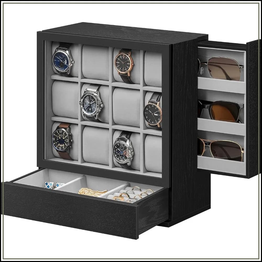 12-Slot Watch Box with Window, Solid Wood Veneer, Velvet Lining, Vertical Storage, Space Saving, Ebony Black