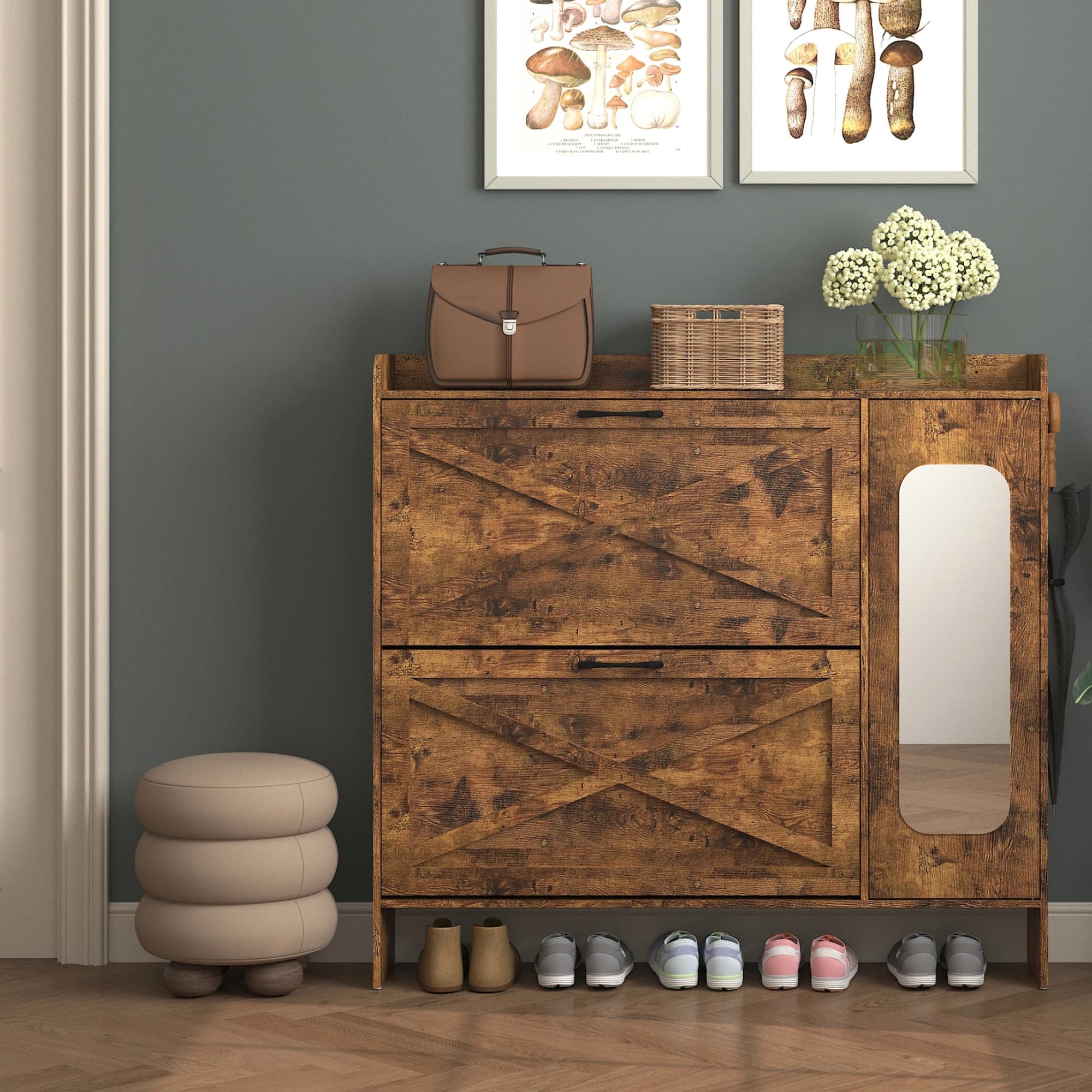 Mobiletto Rustico per Scarpe, Organizer Stretto con 2 Cassetti Ribaltabili, Gambe in Metallo, Design Anti-Ribaltamento per Ingresso, Corridoio