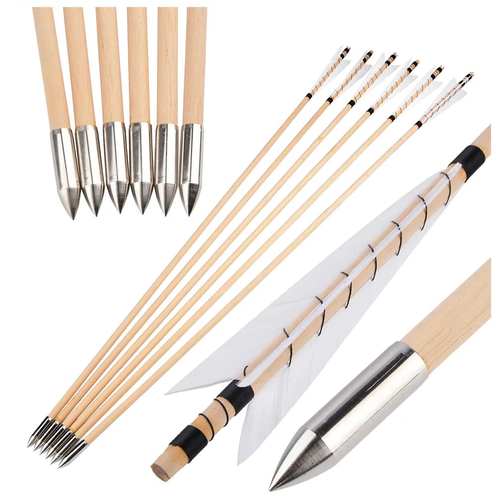 12x Frecce in Legno per Tiro con l'Arco, Punta da Caccia 5'' con Piuma Bianca di Tacchino, Asta in Legno OD8mm, Punta in Acciaio Inossidabile