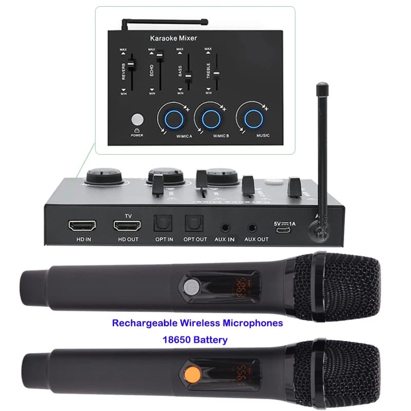 mixer karaoke con microfono wireless ricaricabile per home theater con batterie 18650 per soundbar smart tv con uscita ottica e aux