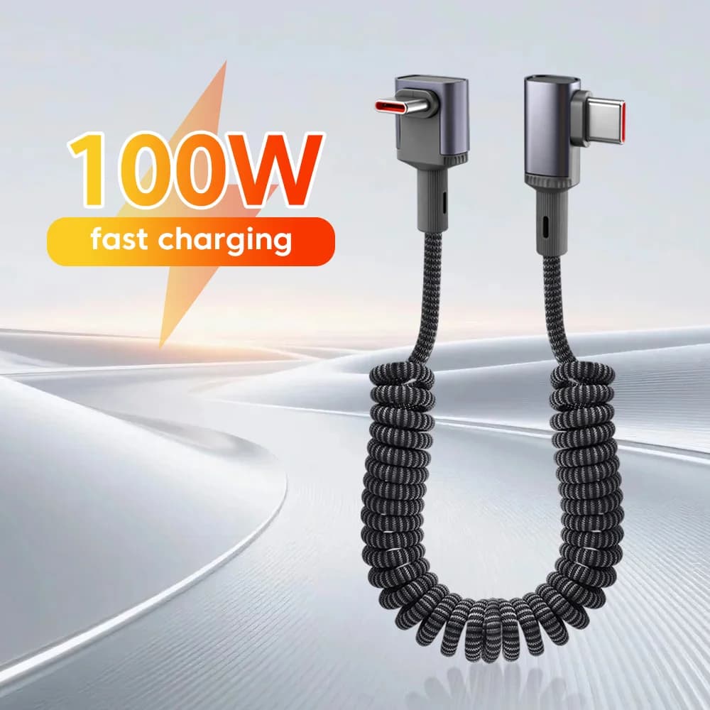 100W Elbow Car Spring Type C to Type C Cable 66W Retractable UAB A to Type C Data Cable Fast Charging for iphone 15 16 17 Huawei