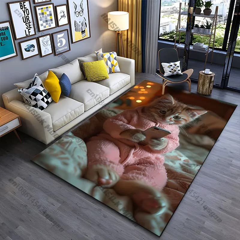 Cozy kitten using smartphone carpet Yoga living room room decor children's crawling mat doormat area rug games mat