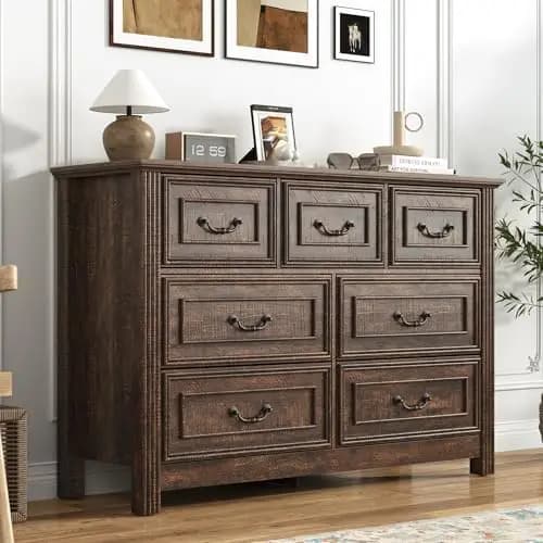 Farmhouse 7 Drawer Dresser for Bedroom, 47” Wood Chest of Drawers with Rustic Handles, Wide Closet Dressers Organizer