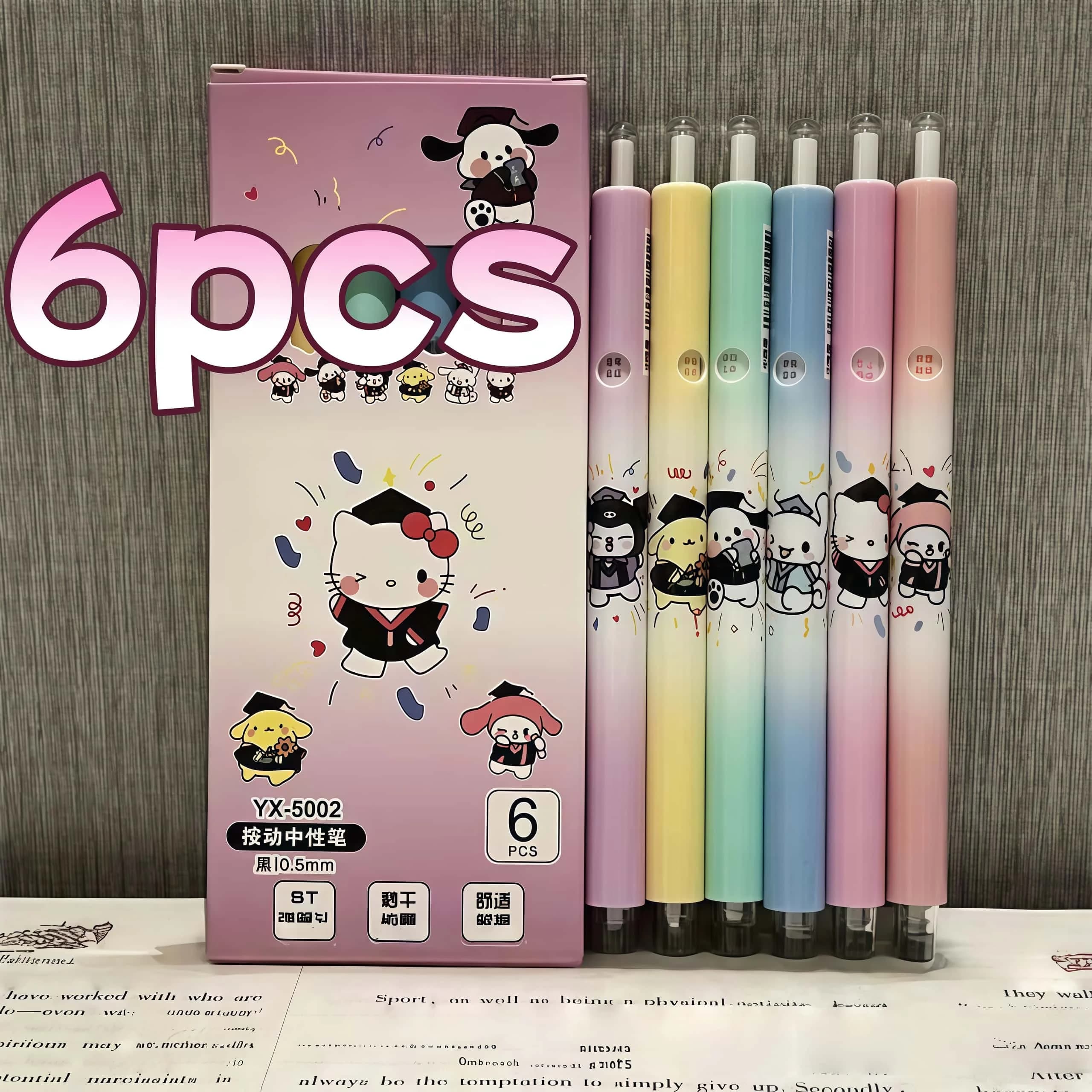 Set di 6 penne gel a tema Sanrio per la laurea, simpatiche penne retrattili con gradiente pastello multi-personaggio per la scuola e l'ufficio