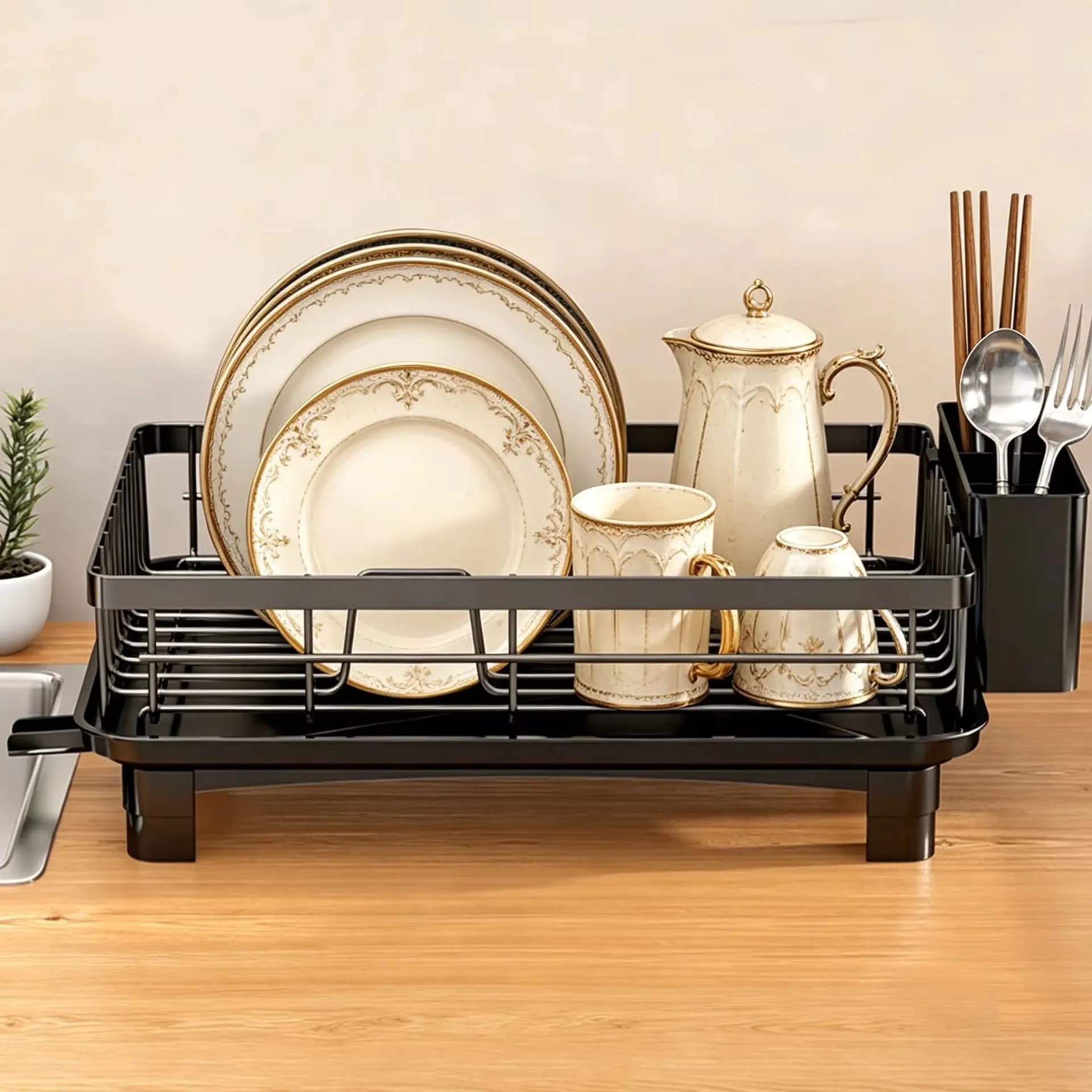 Single Layer Dish Drying Rack With Drain Board, Single Layer Kitchen Countertop Dish Organizer With Utensil Holder