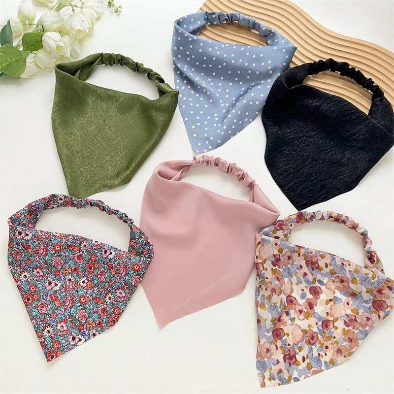New woman solid summer head scarf triangle satin strip lady fashion print elastic band for hair accessories for girls