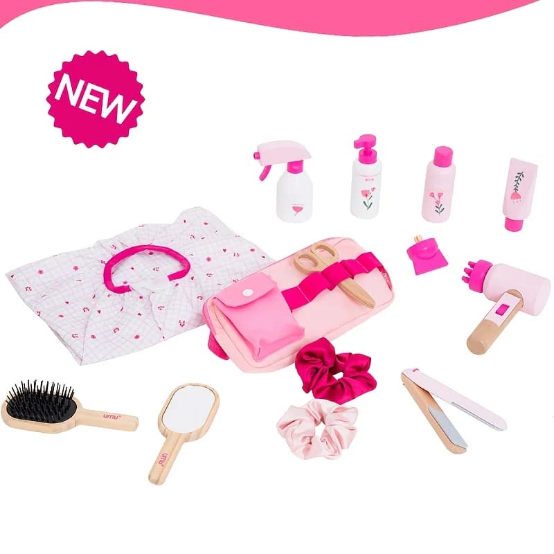 Set of pink hairdresser, toy for imitation game, combs, hairdryer, iron hairdressers, small beauty kit for girls