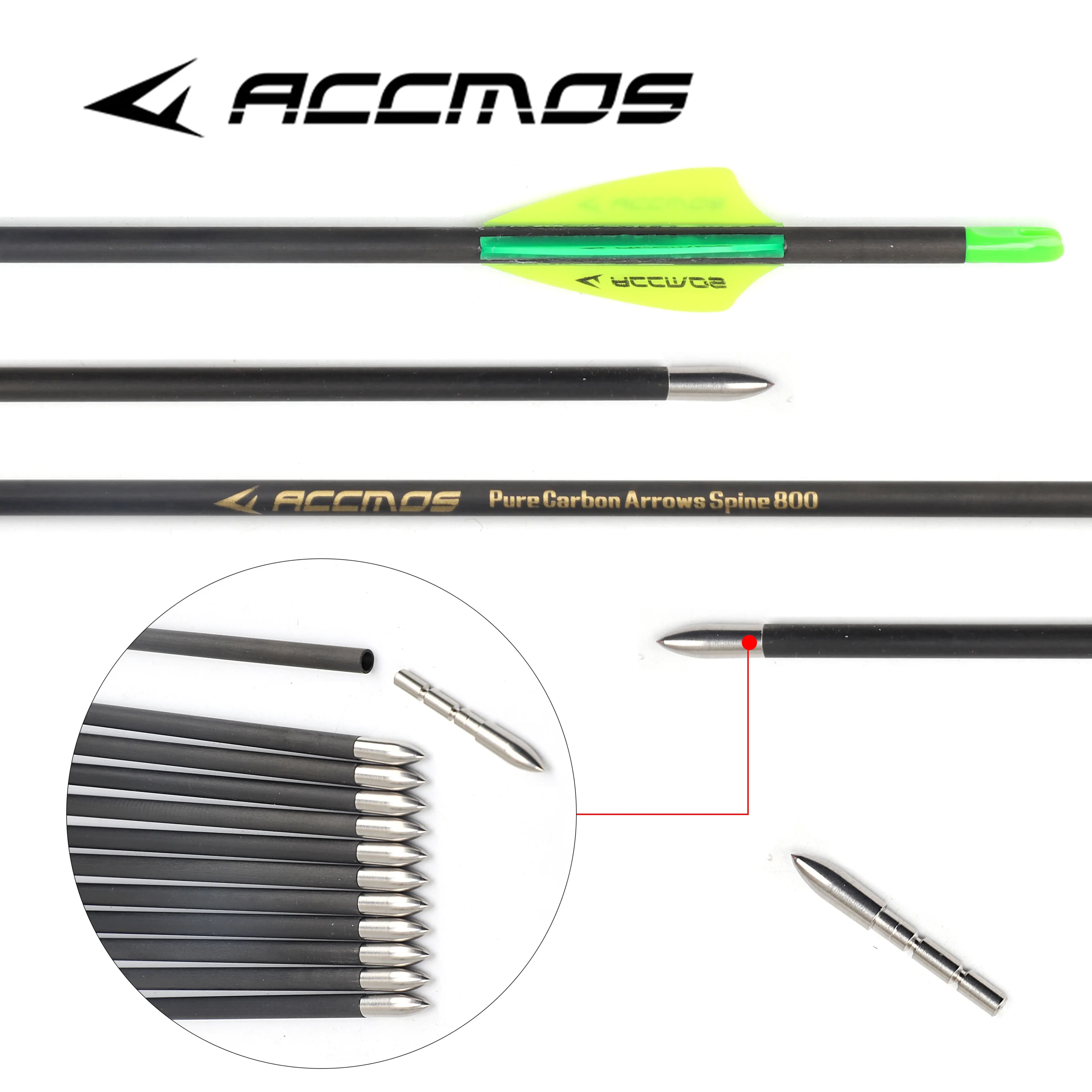 12 Pezzi Freccia in Carbonio ACCMOS ID 4.2mm 30-32 Pollici Spine 350-1000 per Tiro con Arco Compound e Ricurvo