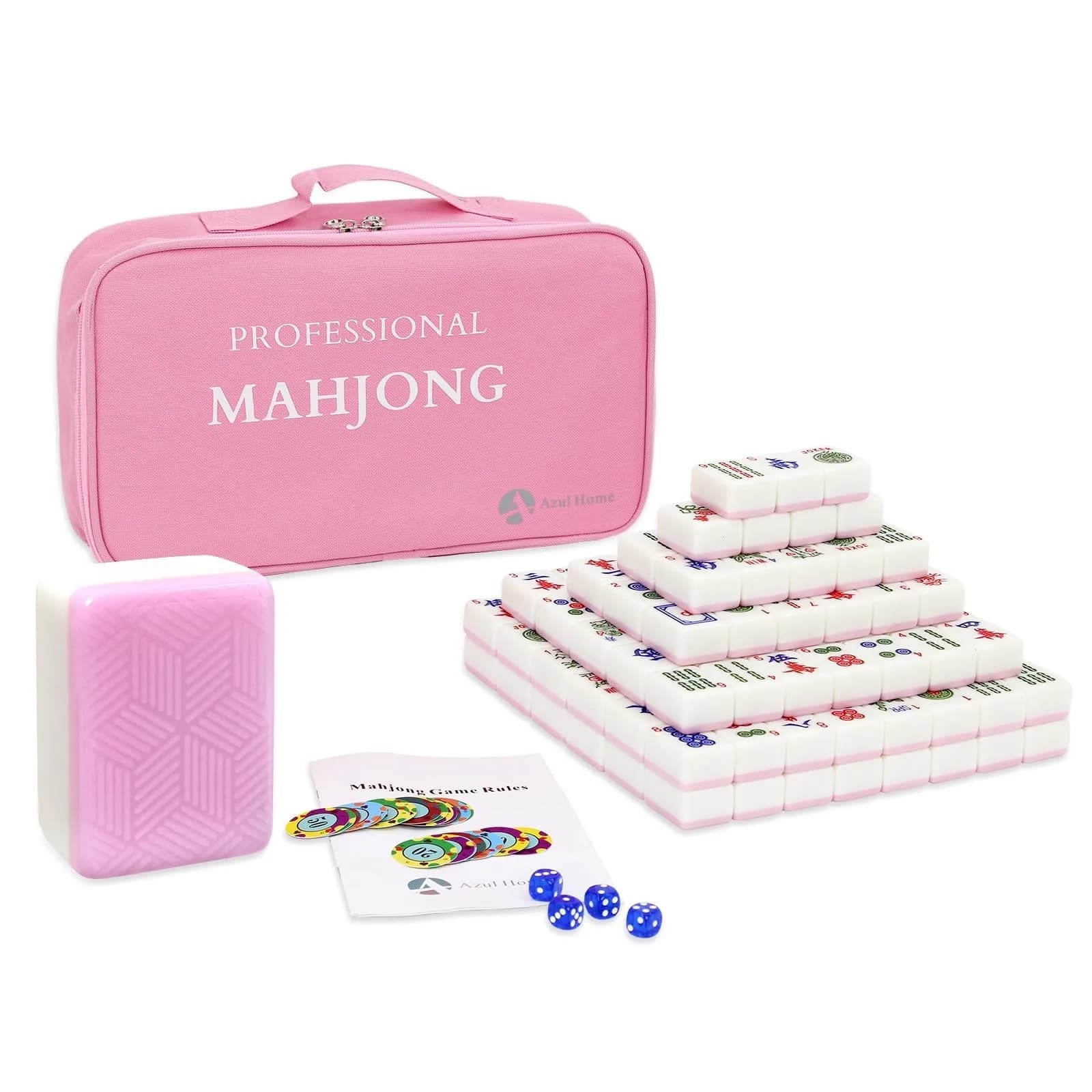 Set Completo di Mahjong Americano con 166 Tessere Rosa, Dadi, Fiches e Borsa per il Trasporto