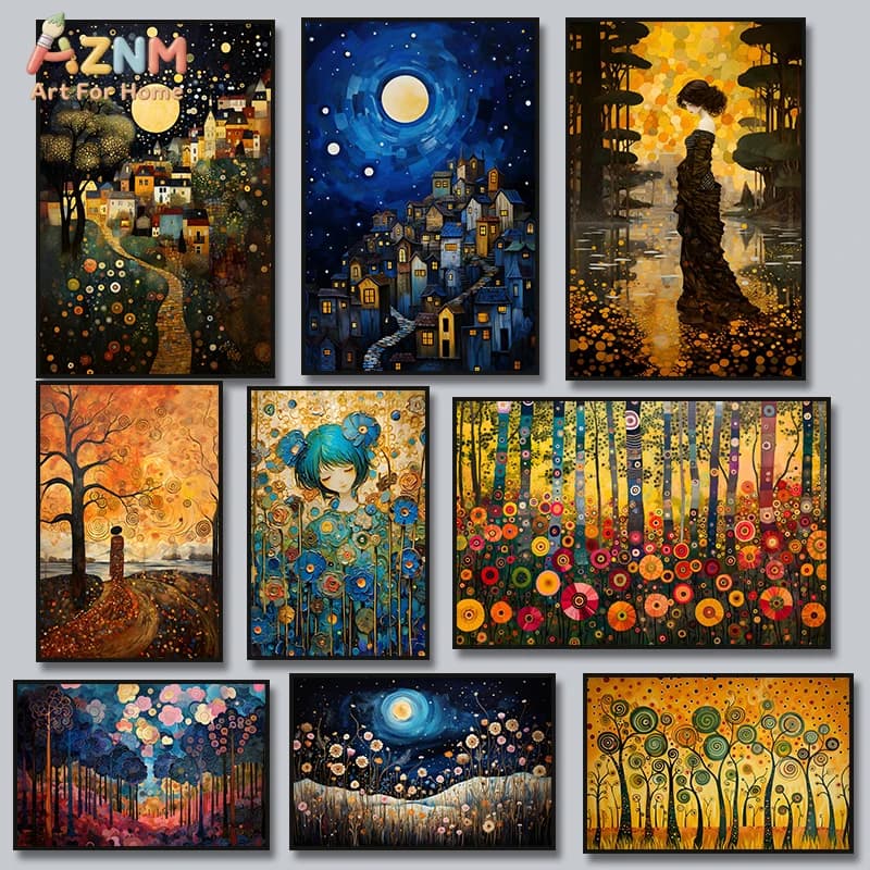 AZNM Gustav Klimt Style Whimsical Landscape Canvas Wall Art Magical Moonlight Town Forest Print