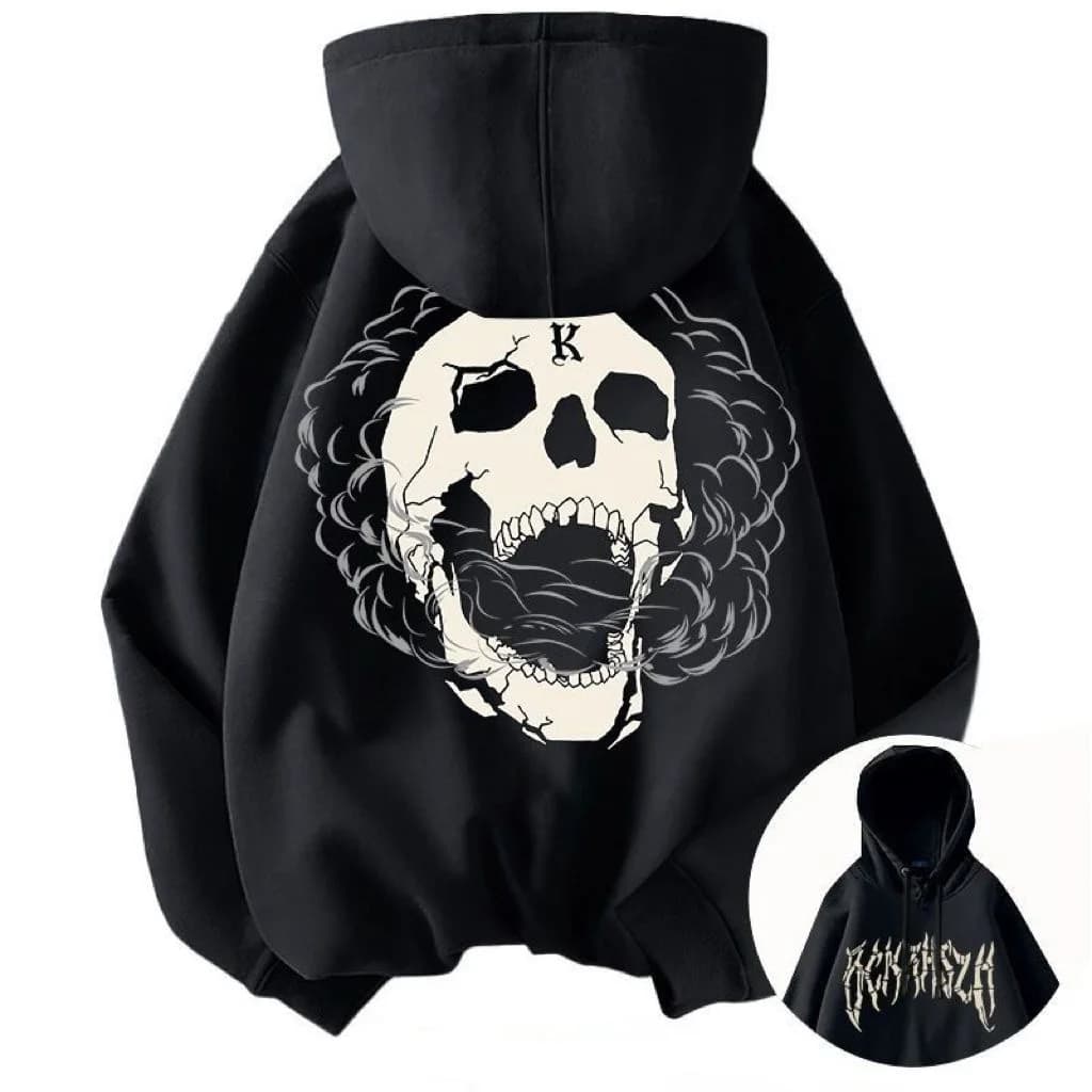 American Style Hiphop Dark Series Skull Print Hoodie Unisex Autumn Winter High Street Fleece Lined Jacket Women's Loose Fit