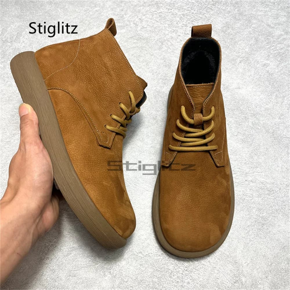 Stivali da Trekking Caldi in Peluche per Uomo, Stile Britannico in Pelle di Mucca, Stivali Vintage da Deserto, Scarpe da Lavoro Artigianali con Tomaia Alta
