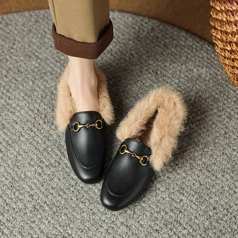 Moda peluche testa tonda appartamenti fibbia in metallo scarpe casual da donna copertura esterna tacchi mocassini slip on scarpe eleganti